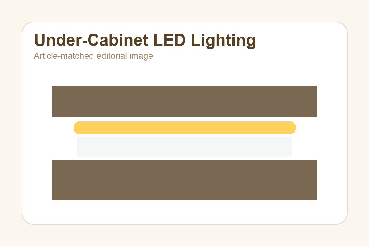 Finished LED strip installation under kitchen cabinets with warm white glow illuminating countertops